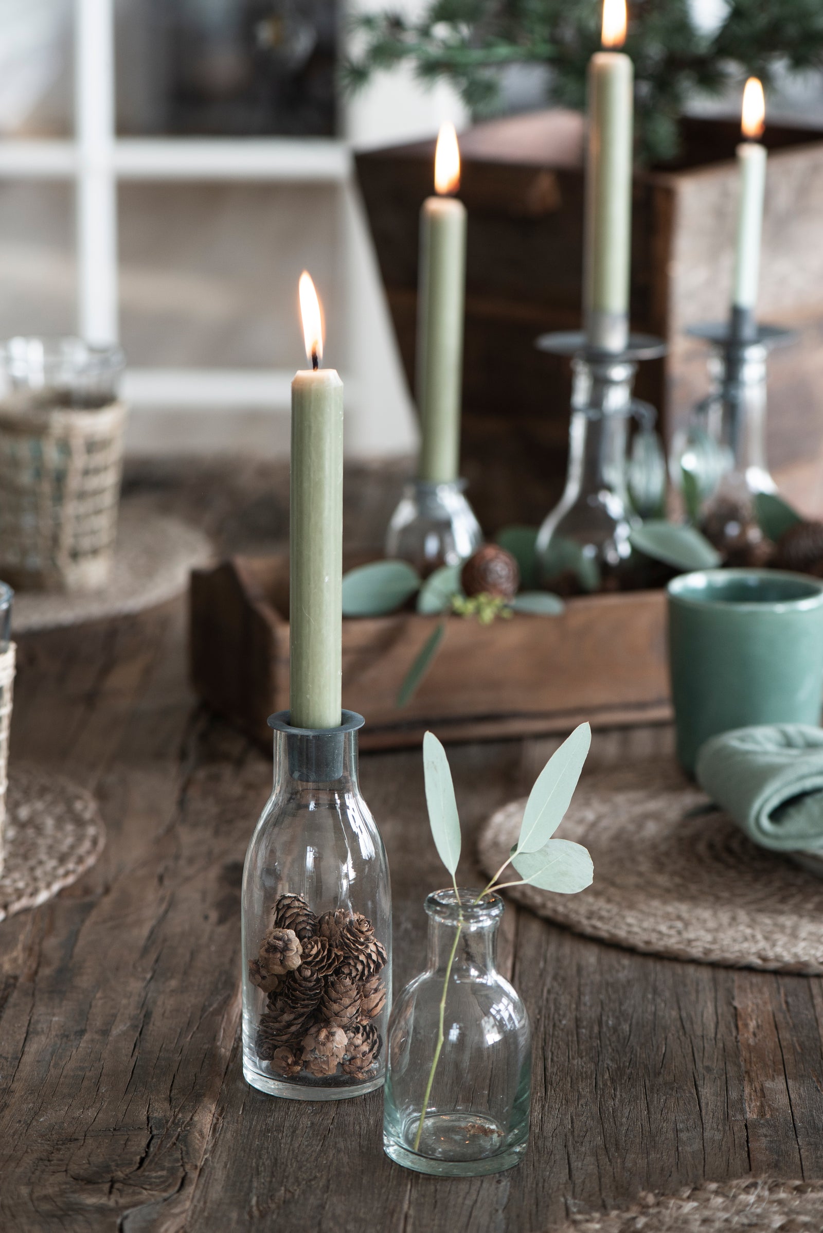 Stabkerze Rustikal | Staubgrün