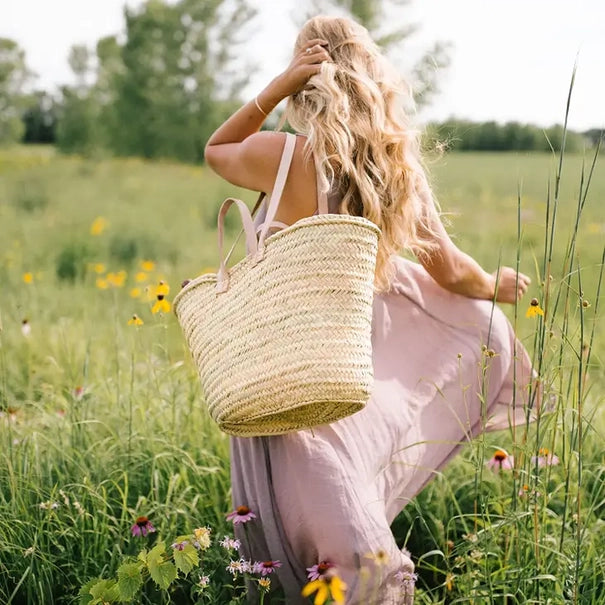 Korbtasche mit doppeltem Lederhenkel